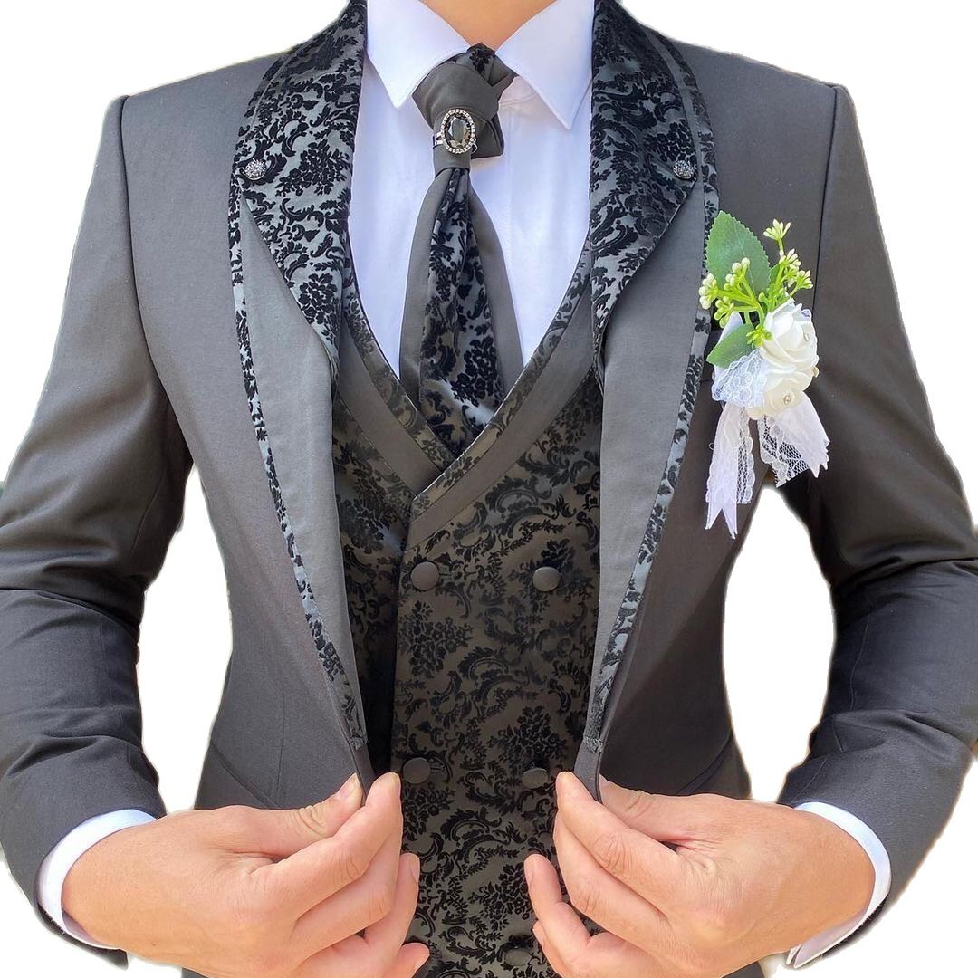Black Pattern Men Tuxedos Groom One Button Wedding Pants Suits Business Prom Party Blazer Jacket 3 Pieces