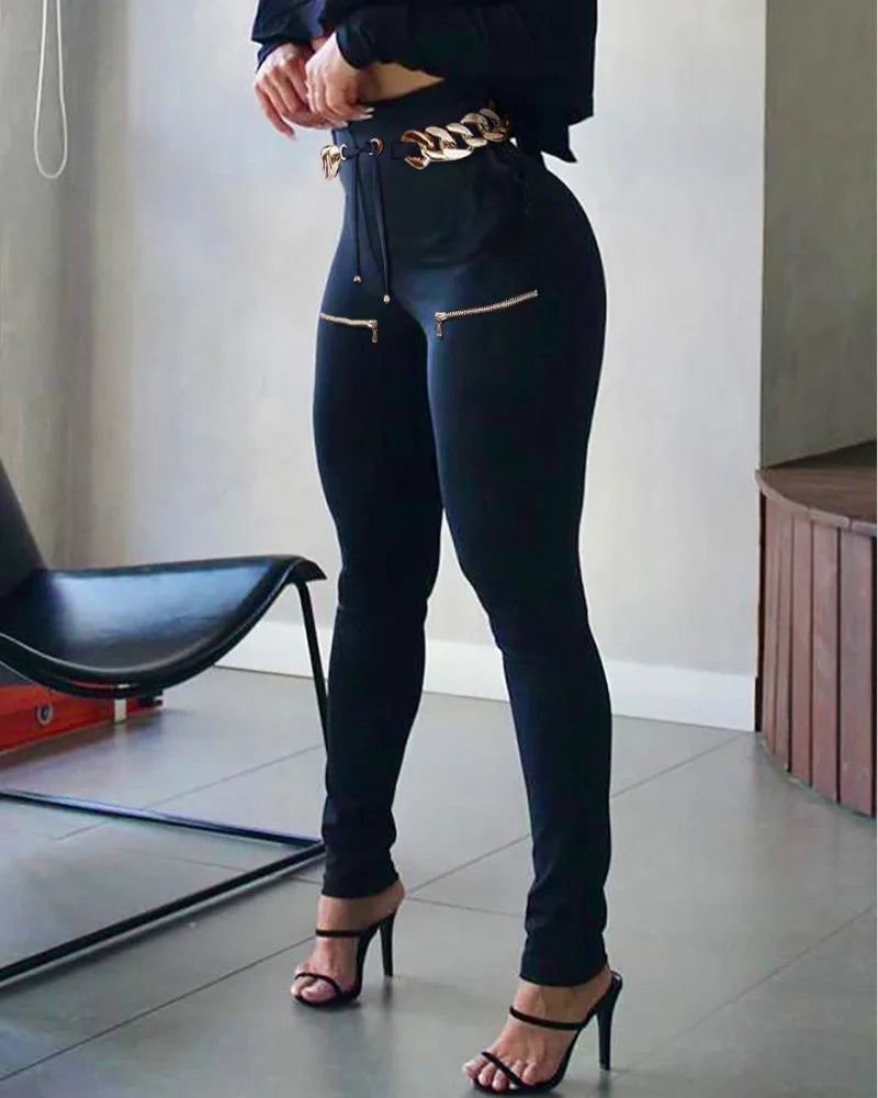 Black Slim Skinny Full Length Pants Trousers Tight Trousers Chain High Waist Sexy Fashion Leggings Streetwear