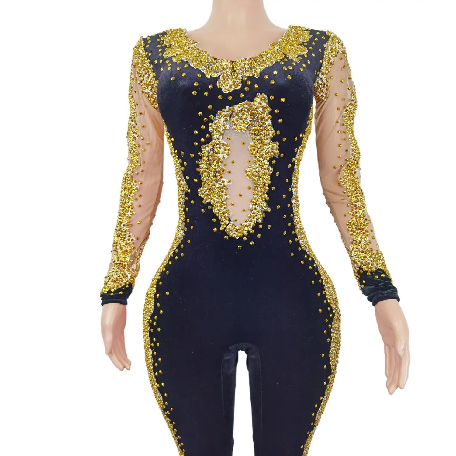 Black Velvet Jumpsuit Bright Gold Rhinestones Bodysuit Womens Backless Celebrate Luxurious Costume See Through Jumpsuit