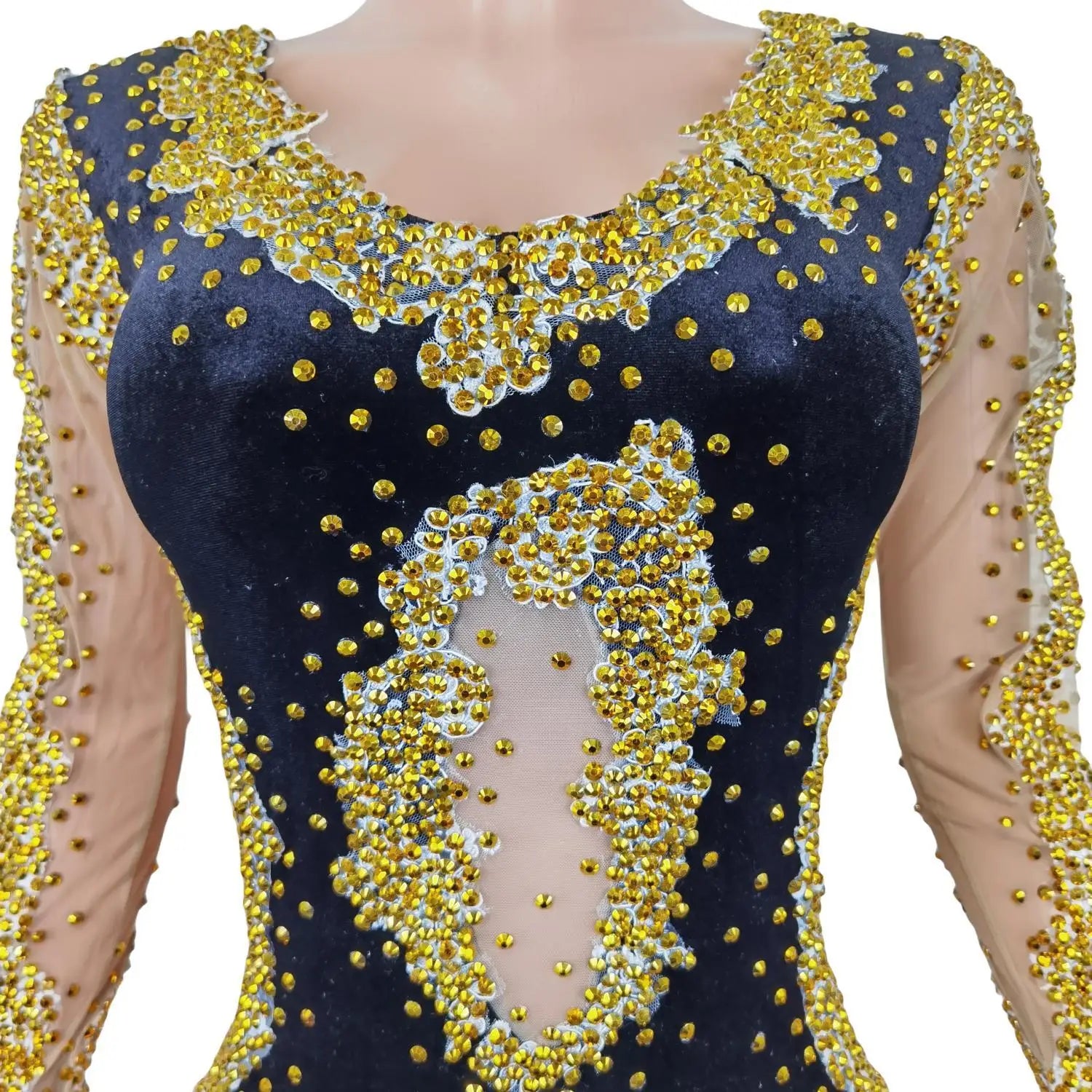 Black Velvet Jumpsuit Bright Gold Rhinestones Bodysuit Womens Backless Celebrate Luxurious Costume See Through Jumpsuit