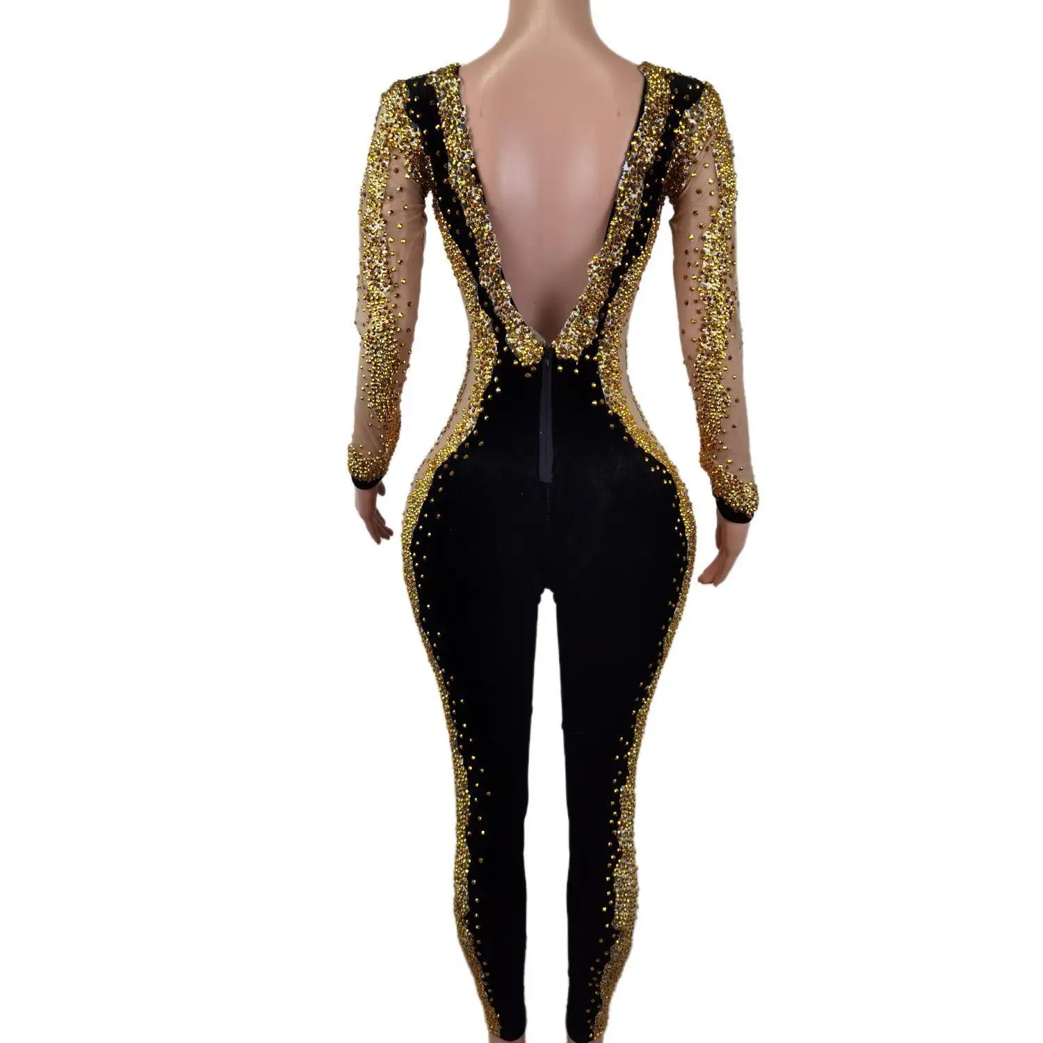 Black Velvet Jumpsuit Bright Gold Rhinestones Bodysuit Womens Backless Celebrate Luxurious Costume See Through Jumpsuit