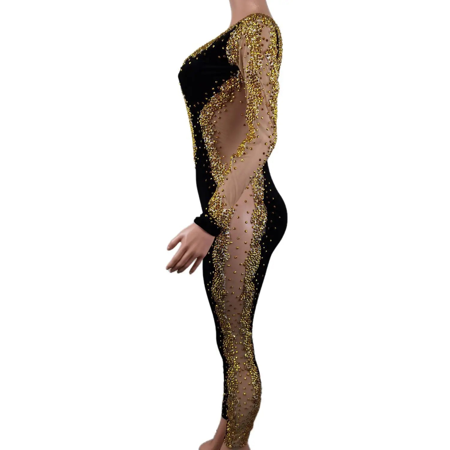 Black Velvet Jumpsuit Bright Gold Rhinestones Bodysuit Womens Backless Celebrate Luxurious Costume See Through Jumpsuit