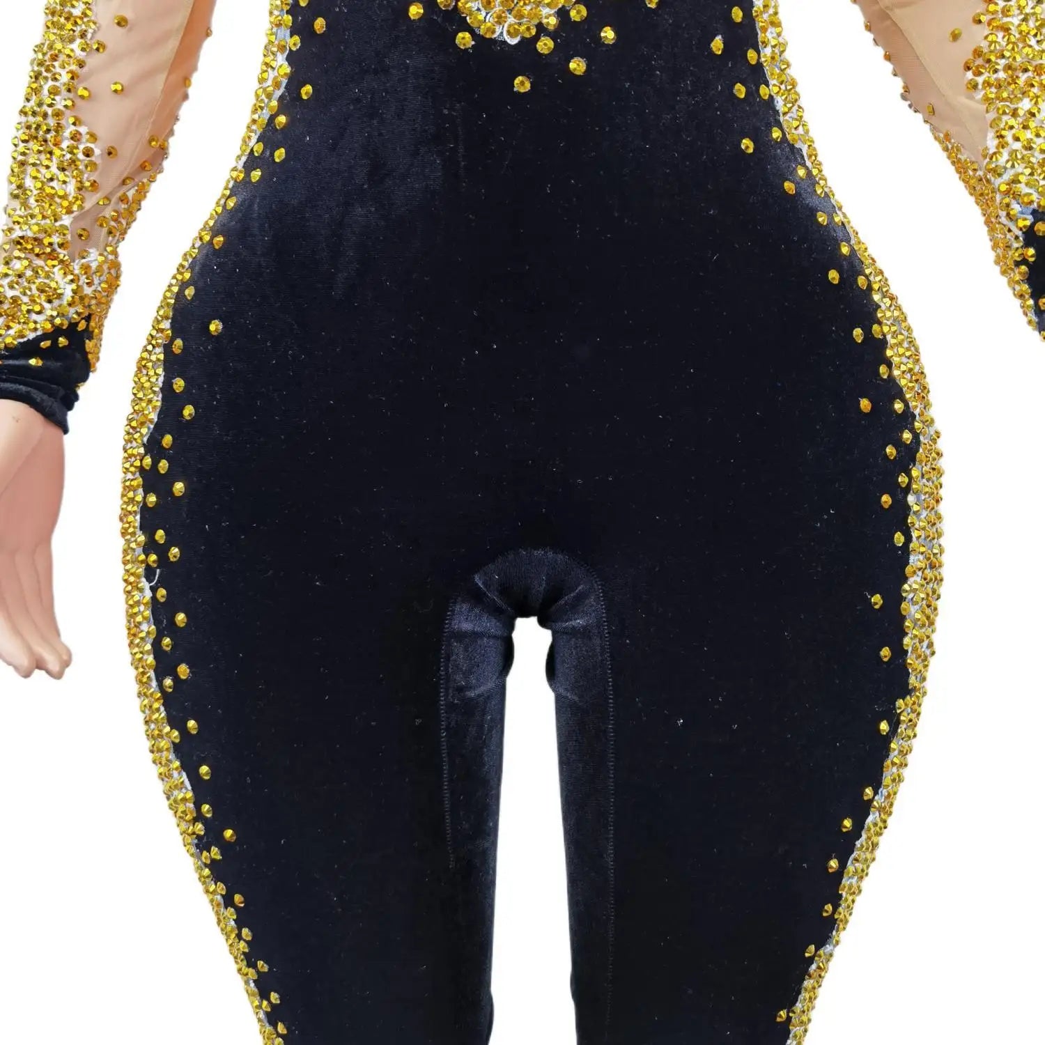 Black Velvet Jumpsuit Bright Gold Rhinestones Bodysuit Womens Backless Celebrate Luxurious Costume See Through Jumpsuit