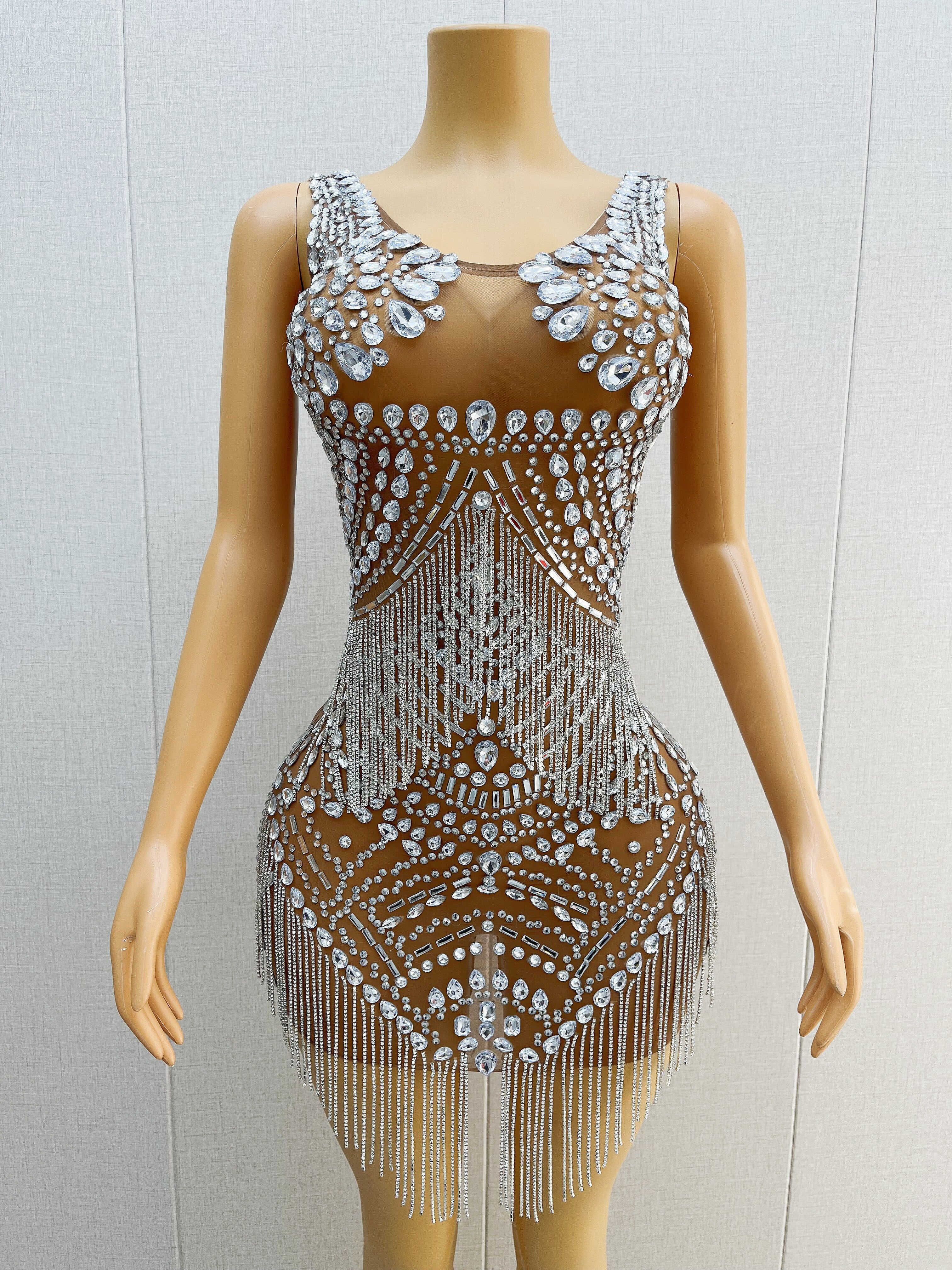 Bling Silver Crystals Chains Dress Sexy See Through Mesh Costume Stage Wear Women Singer Show Rhinestones Outfit