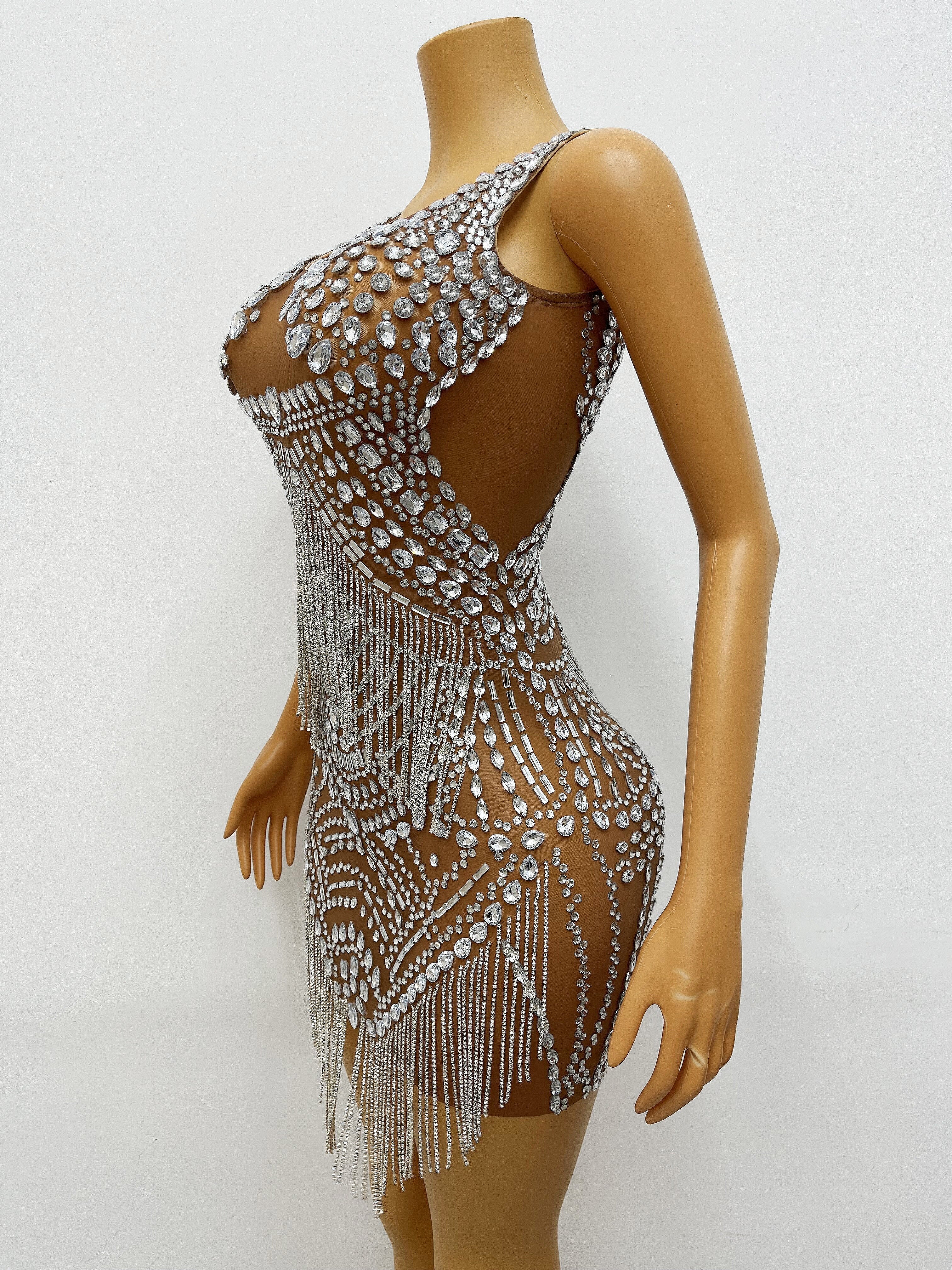 Bling Silver Crystals Chains Dress Sexy See Through Mesh Costume Stage Wear Women Singer Show Rhinestones Outfit