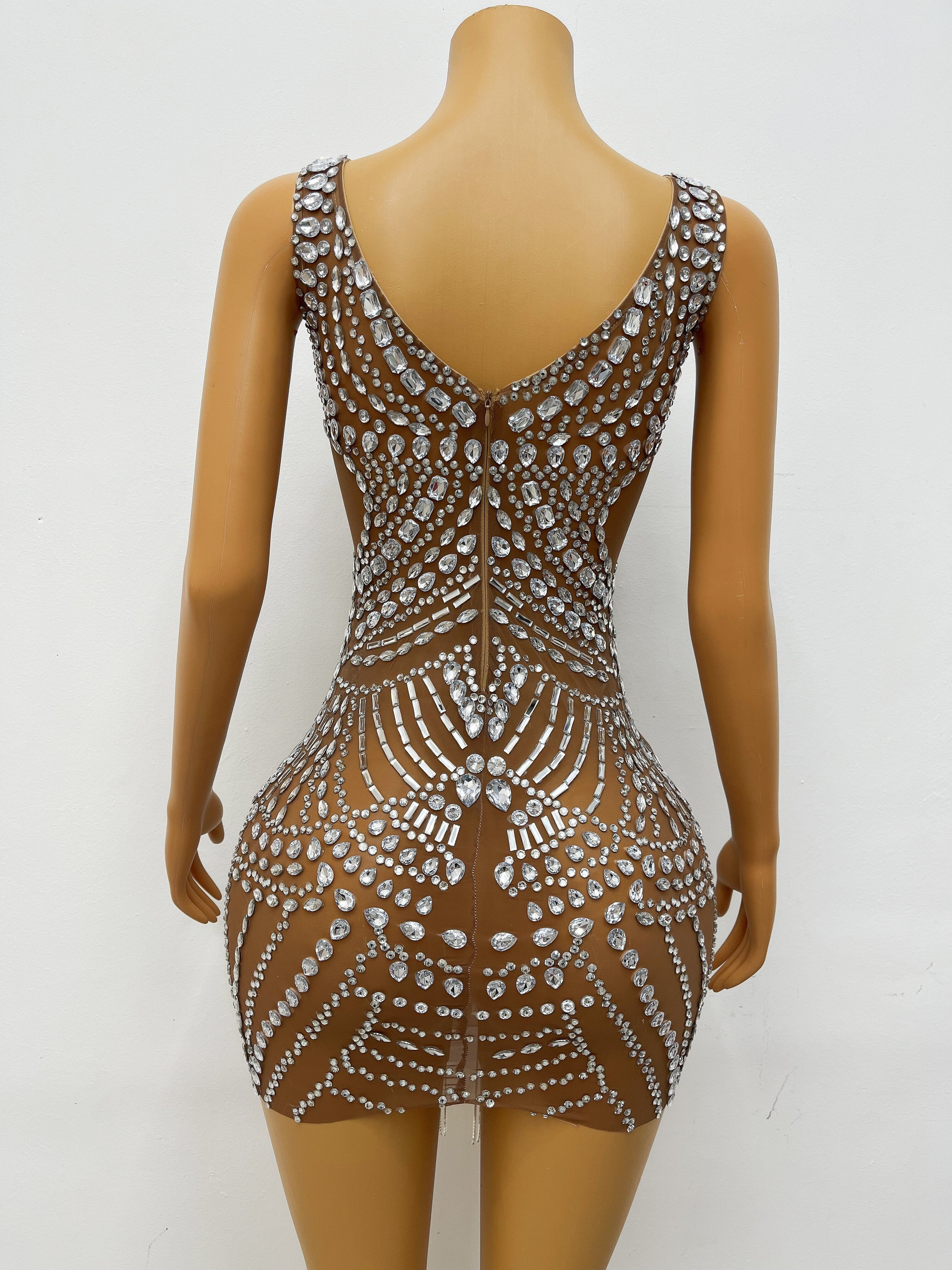 Bling Silver Crystals Chains Dress Sexy See Through Mesh Costume Stage Wear Women Singer Show Rhinestones Outfit