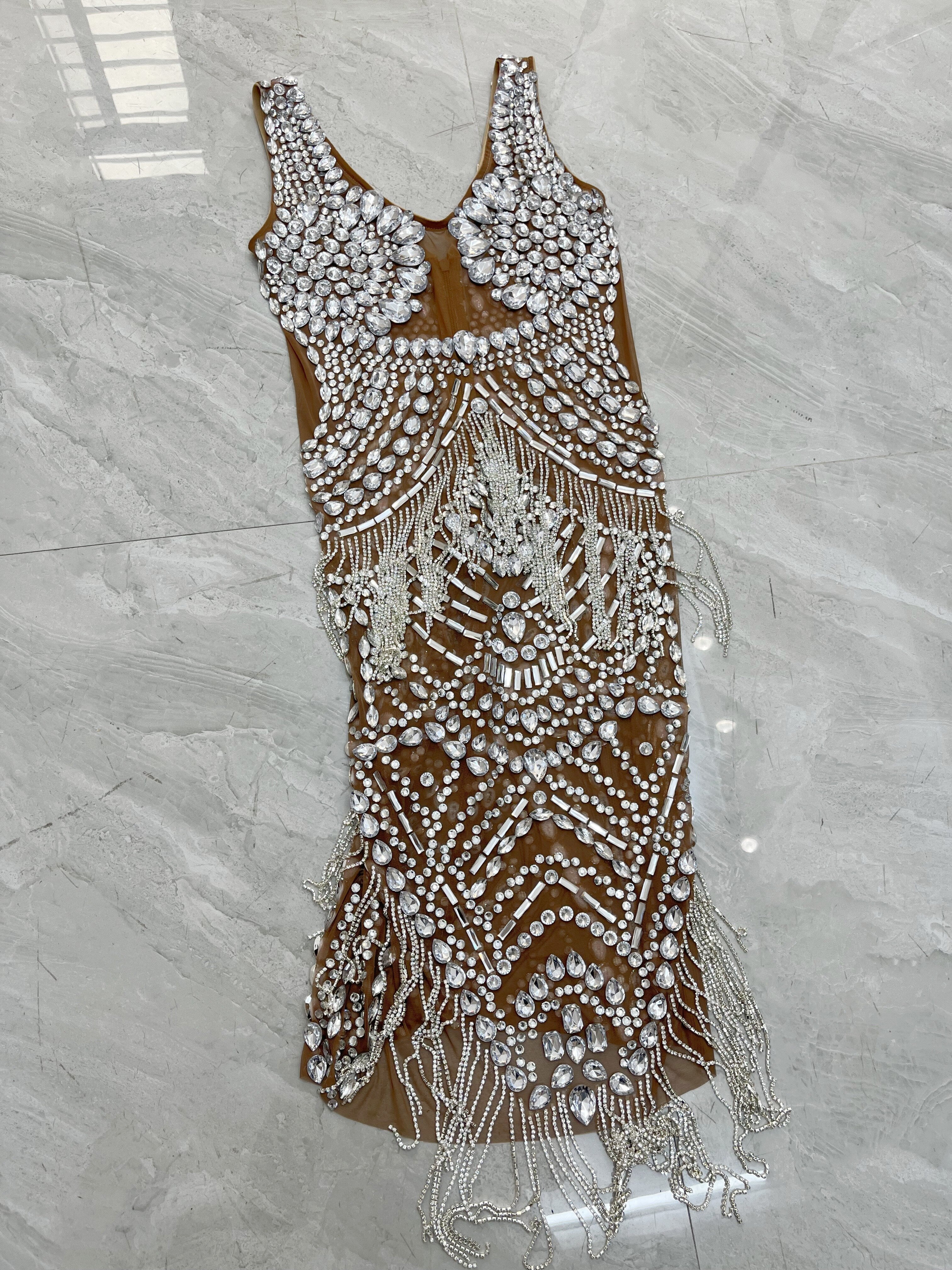 Bling Silver Crystals Chains Dress Sexy See Through Mesh Costume Stage Wear Women Singer Show Rhinestones Outfit