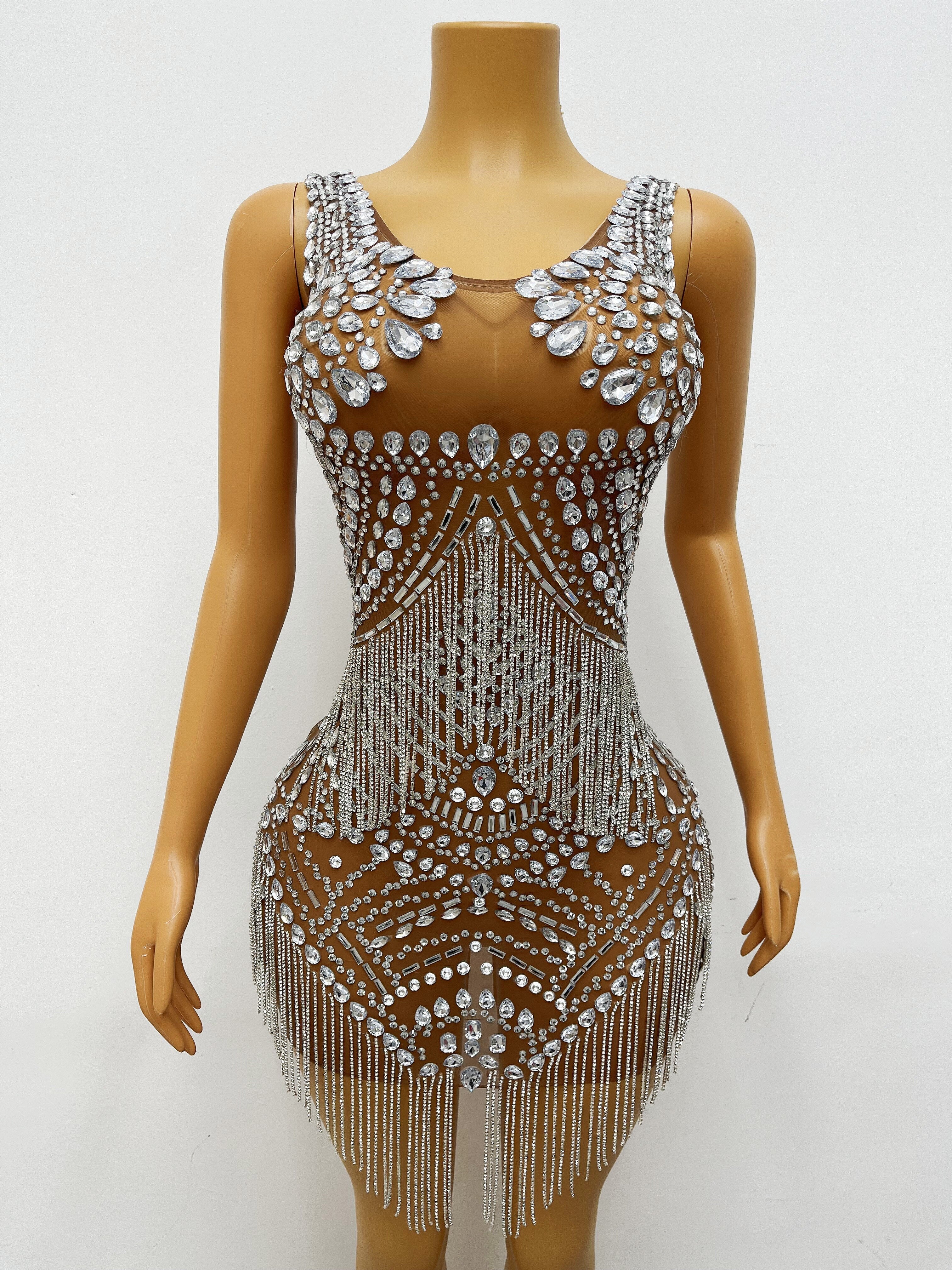 Bling Silver Crystals Chains Dress Sexy See Through Mesh Costume Stage Wear Women Singer Show Rhinestones Outfit