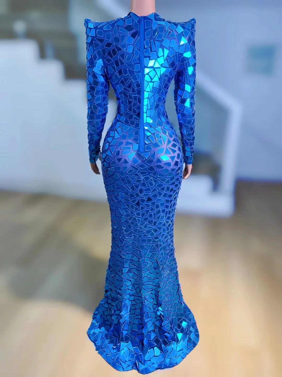 Blue Mirrors Evening Celebrate Long Train Dress Prom Birthday Outfit Birthday Sexy Costume Club Dress