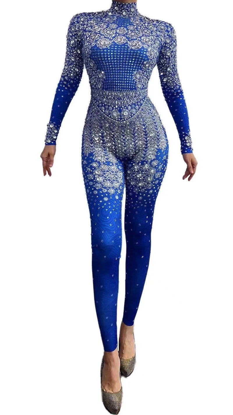 Blue Party Jumpsuit Stretch Sexy Bodysuit  Birthday Stage Play Celebrate Modern Dance Wear