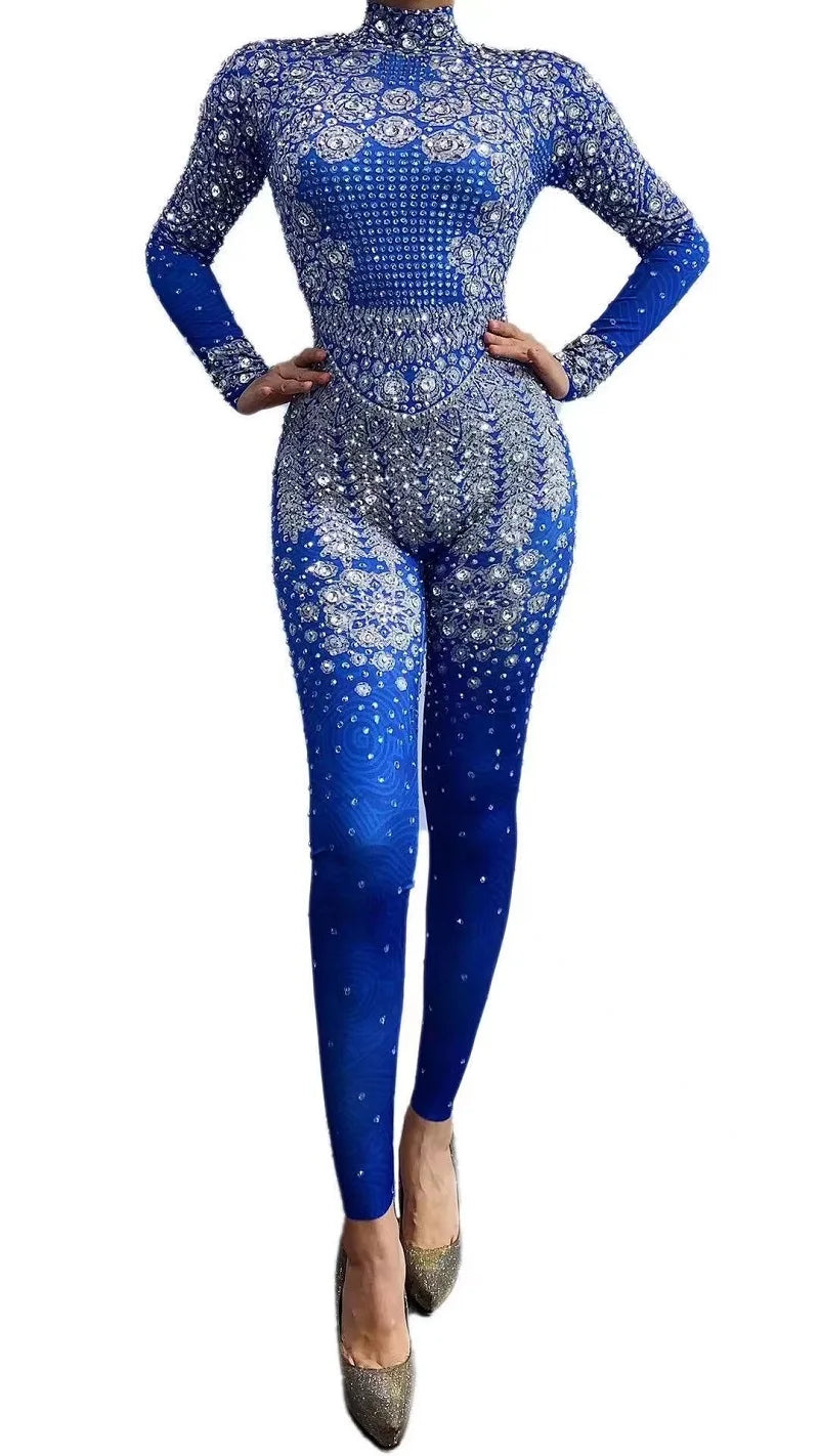 Blue Party Jumpsuit Stretch Sexy Bodysuit  Birthday Stage Play Celebrate Modern Dance Wear