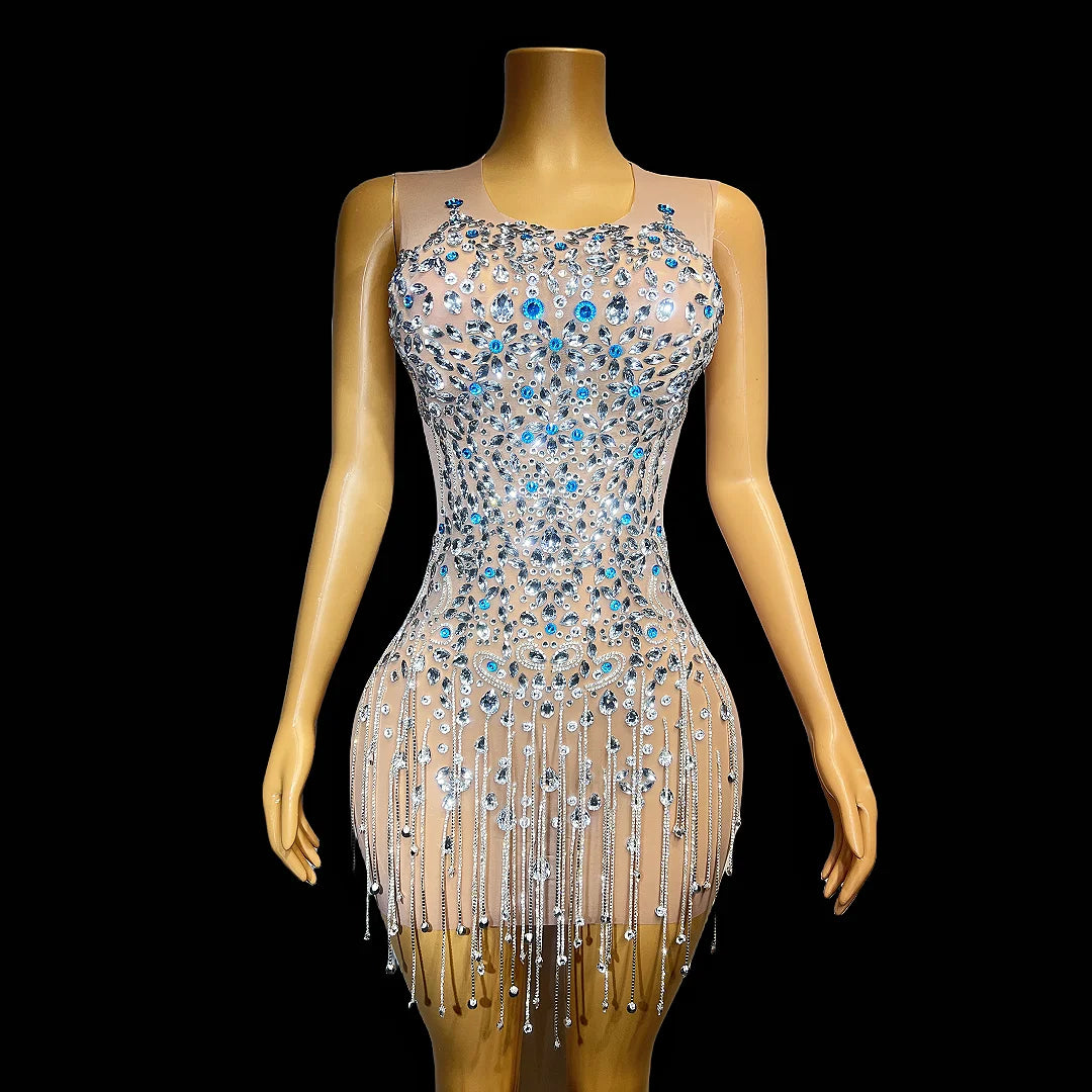 Blue Silver Rhinestones Chains Transparent Pink Velvet Celebrate Dress Birthday Sexy Fringes Outfit Prom Party Wear