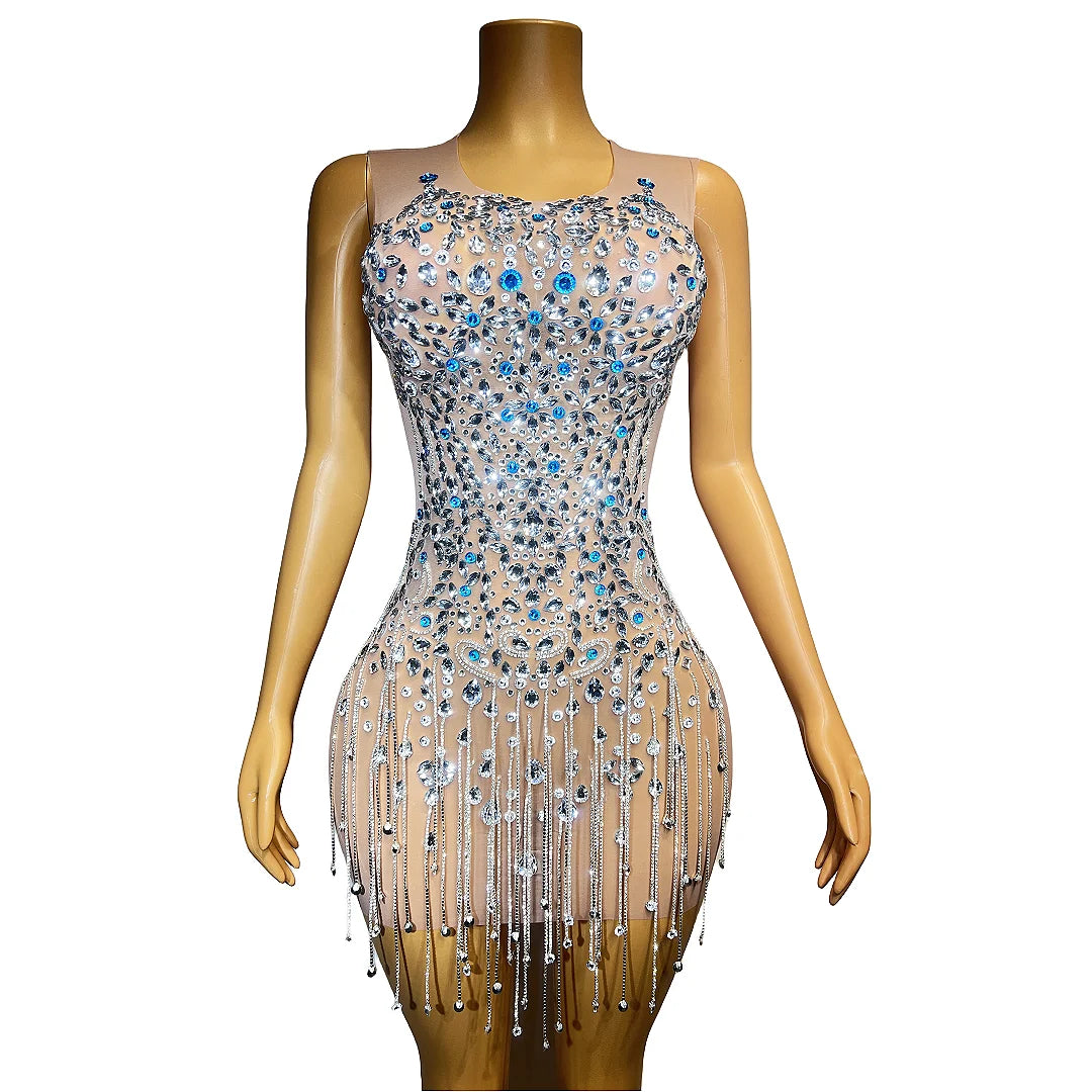 Blue Silver Rhinestones Chains Transparent Pink Velvet Celebrate Dress Birthday Sexy Fringes Outfit Prom Party Wear
