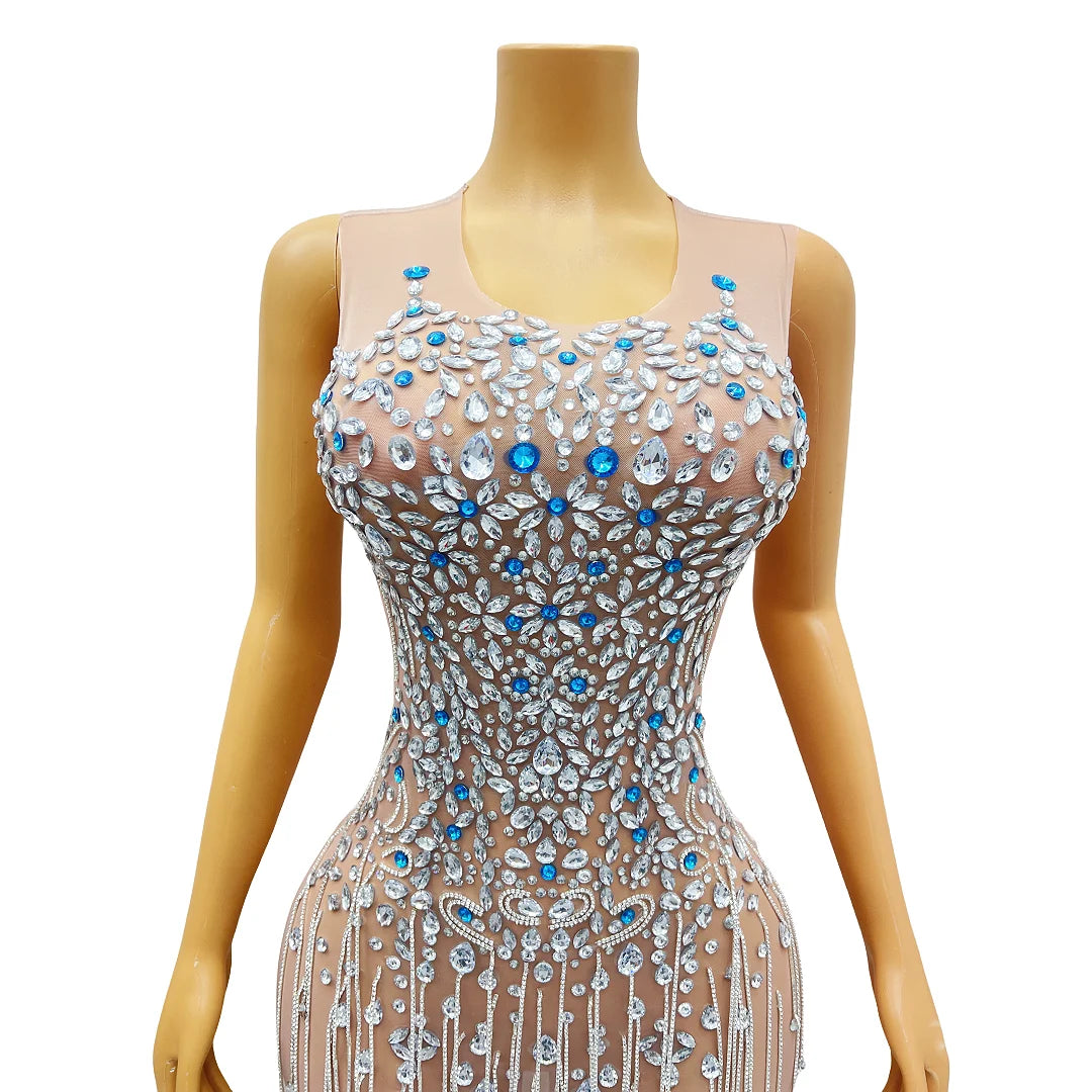 Blue Silver Rhinestones Chains Transparent Pink Velvet Celebrate Dress Birthday Sexy Fringes Outfit Prom Party Wear