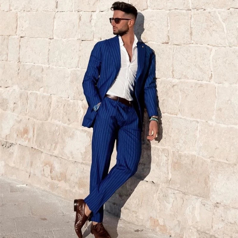 Blue Stripe Men Suits Slim Fit Wide Peak Lapel Groom Tuxedo for Wedding Wear 2 Pieces Blazer with Pants