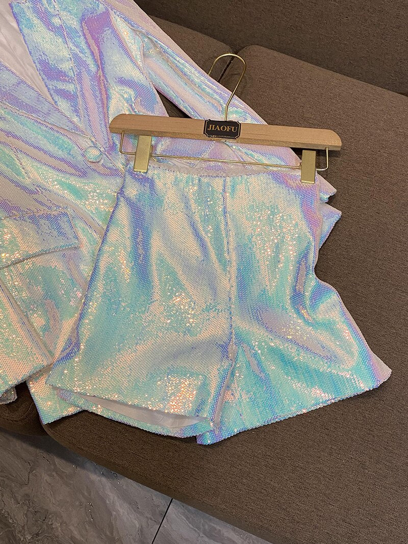Sequins Cloth for Women Long Sleeve Single Button Casual Shorts Suit Lady Fashion 2Pcs