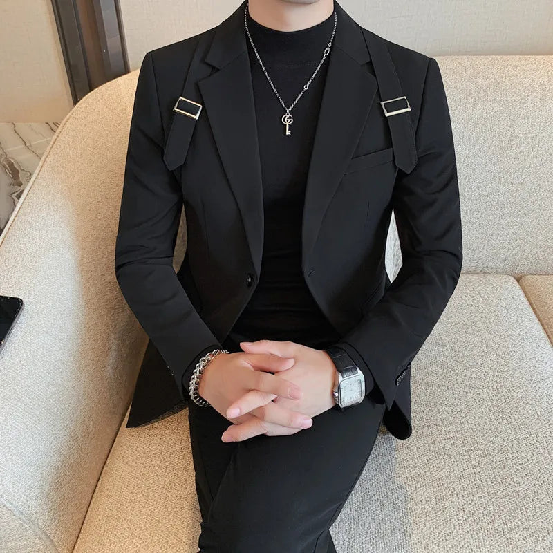 British Shoulder Strap Design Tuxedo Blazer Jackets For Men Clothing Business Formal Wear Two Buttons Slim Fit Casual Suit Coats