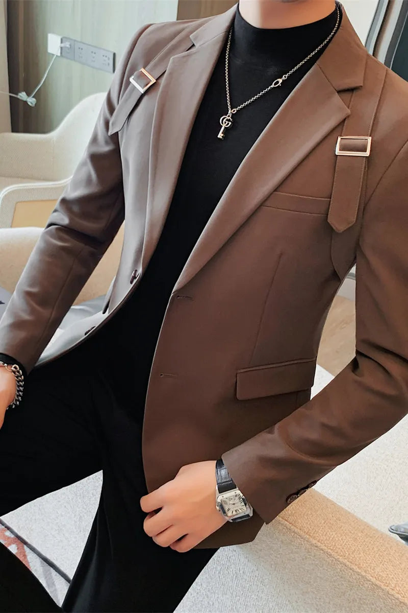 British Shoulder Strap Design Tuxedo Blazer Jackets For Men Clothing Business Formal Wear Two Buttons Slim Fit Casual Suit Coats