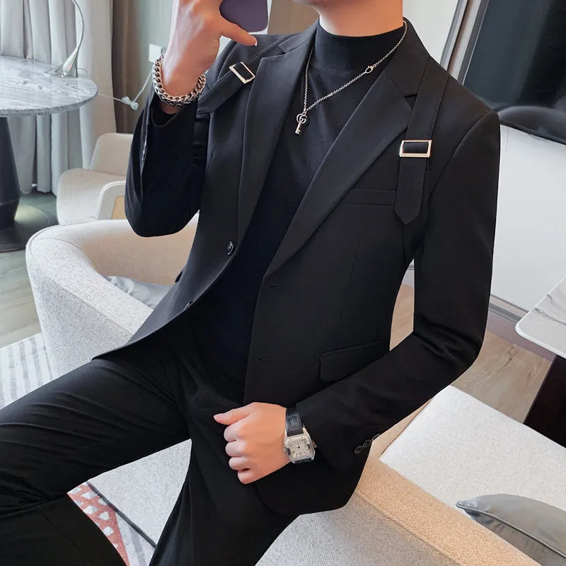 British Shoulder Strap Design Tuxedo Blazer Jackets For Men Clothing Business Formal Wear Two Buttons Slim Fit Casual Suit Coats