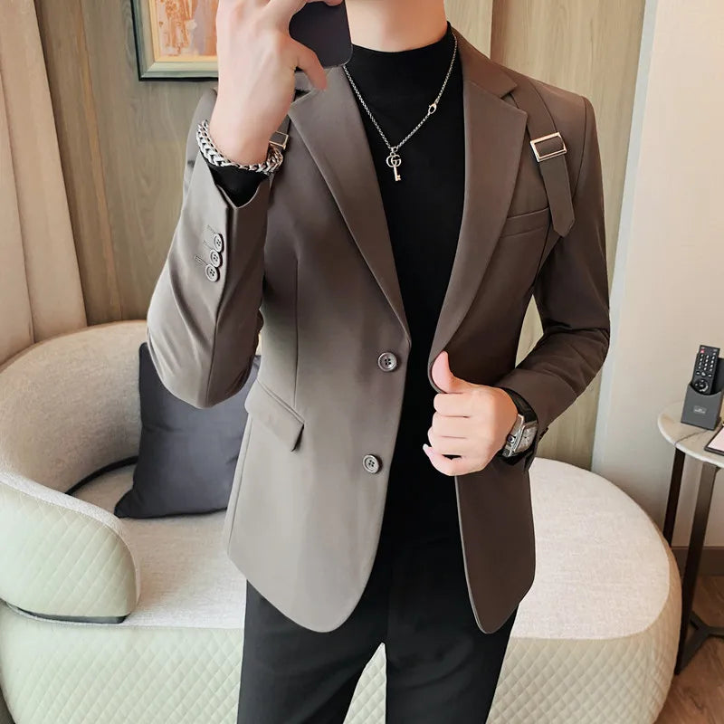 British Shoulder Strap Design Tuxedo Blazer Jackets For Men Clothing Business Formal Wear Two Buttons Slim Fit Casual Suit Coats