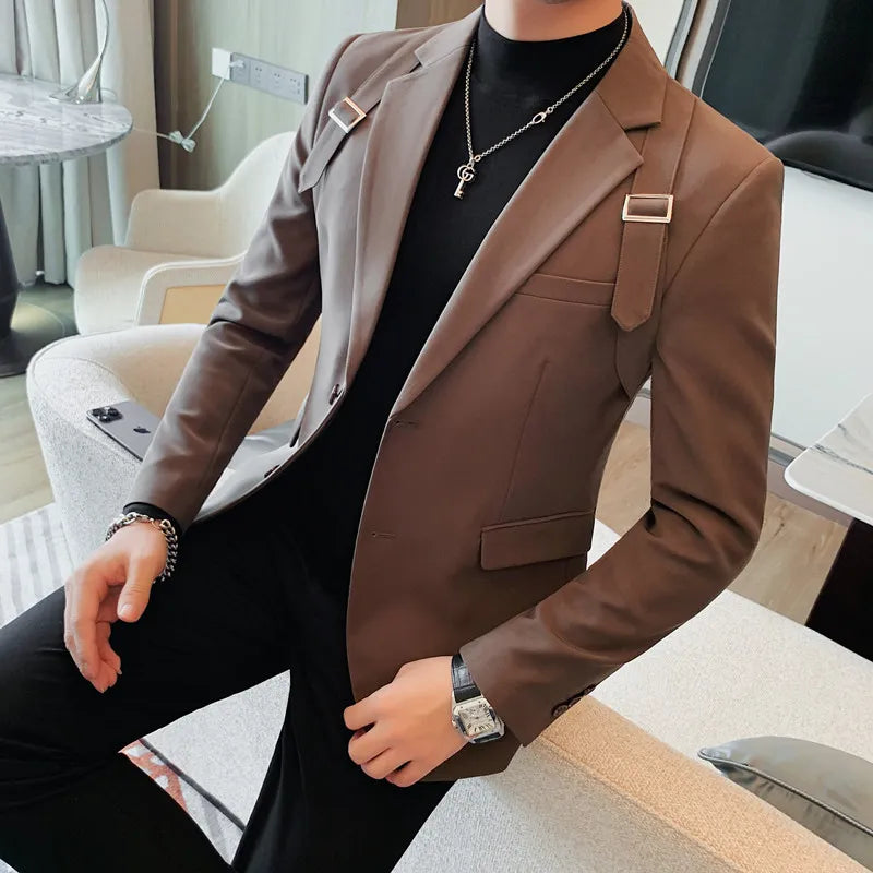 British Shoulder Strap Design Tuxedo Blazer Jackets For Men Clothing Business Formal Wear Two Buttons Slim Fit Casual Suit Coats