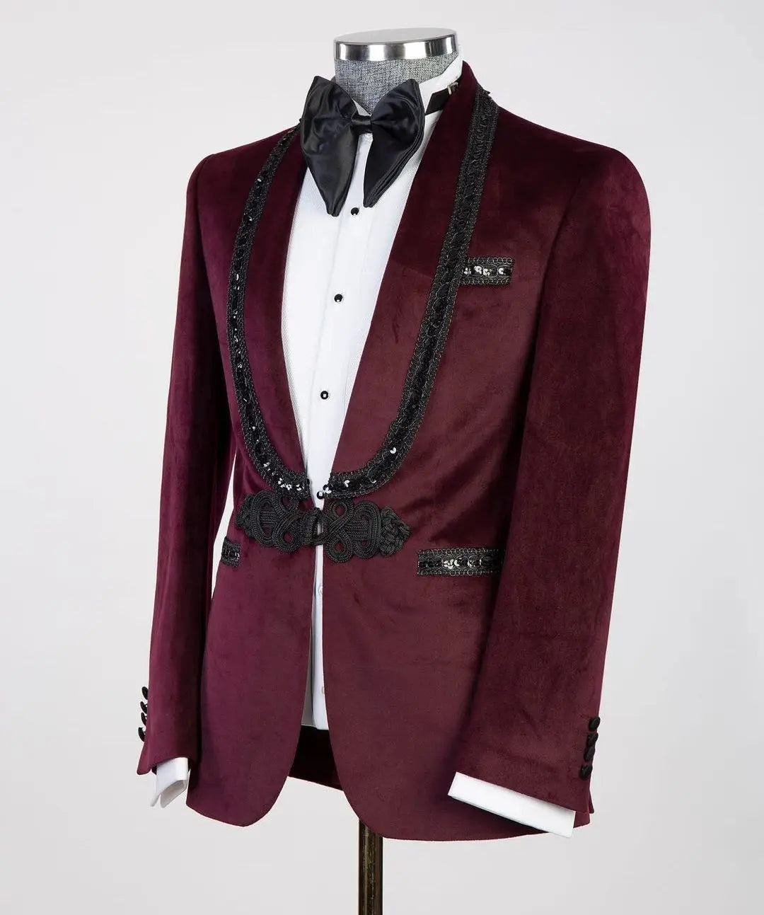 Burgundy 2 Pieces Blazer Black Pants Men Suits One Button Chinese Knot No Lapel Formal Party Wedding Groom Plus Size Tailored