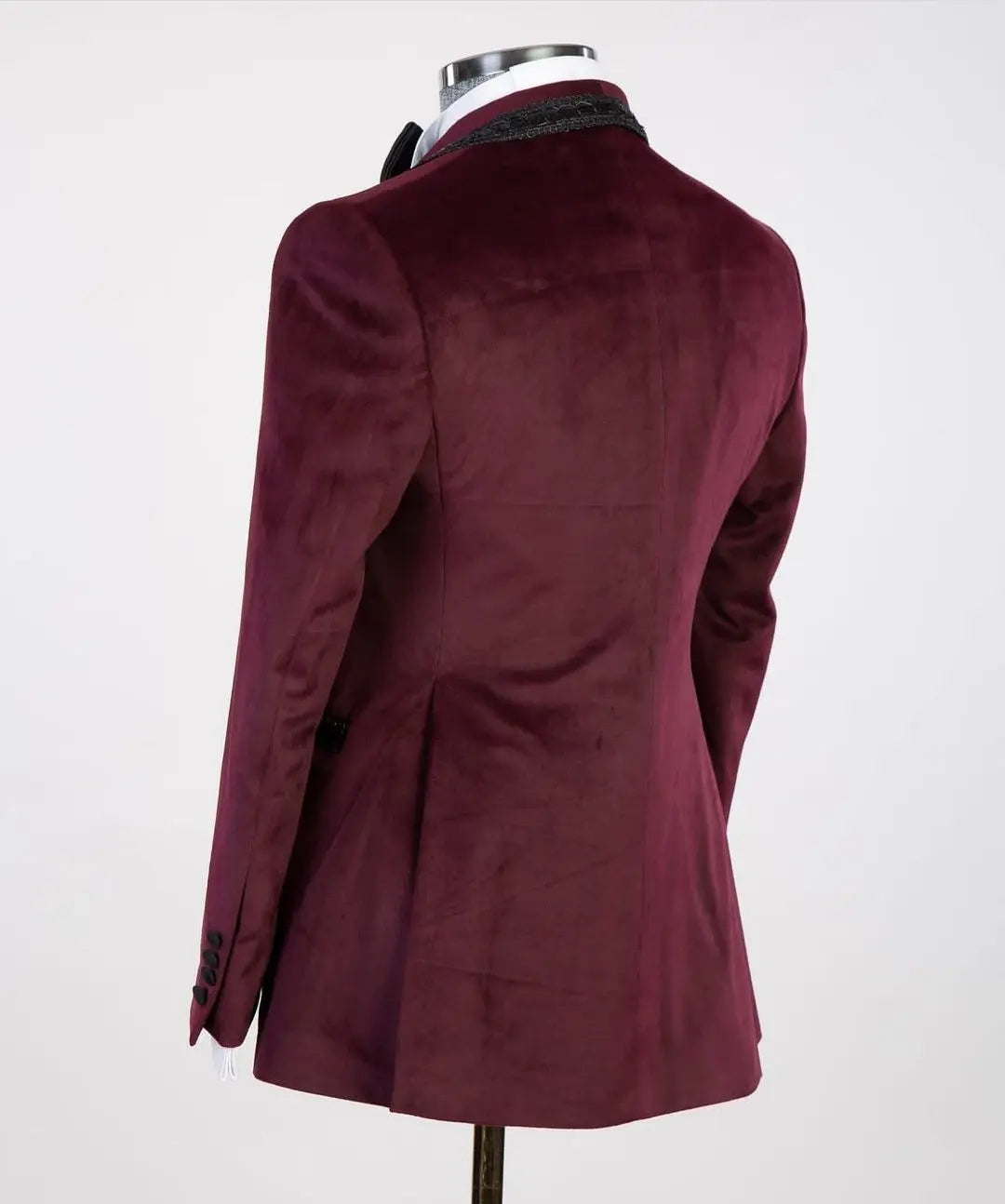 Burgundy 2 Pieces Blazer Black Pants Men Suits One Button Chinese Knot No Lapel Formal Party Wedding Groom Plus Size Tailored