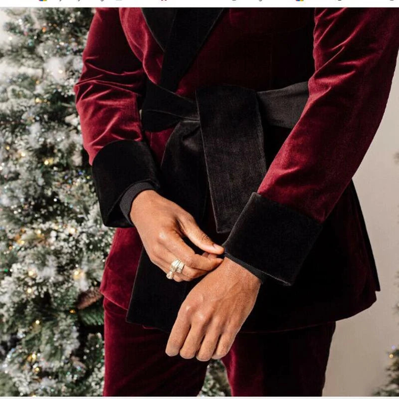 Burgundy Velvet Men Suits Slim Fit Black Shawl Lapel Mens Suit Blazers Pants 2 Piece Formal Causal Business Wedding Groom Wear