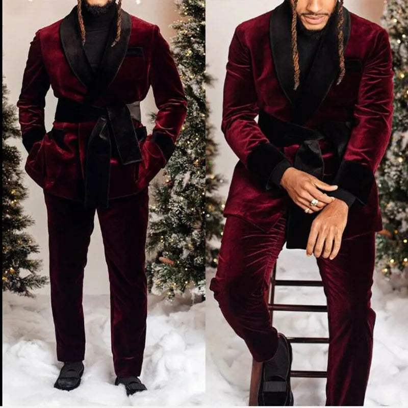 Burgundy Velvet Men Suits Slim Fit Black Shawl Lapel Mens Suit Blazers Pants 2 Piece Formal Causal Business Wedding Groom Wear