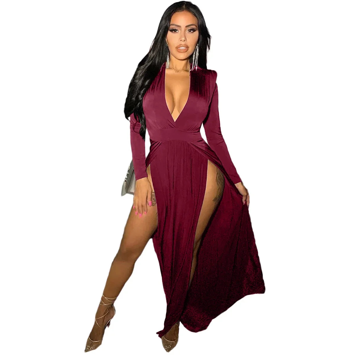 Women High Side Slit Deep V-neck Maxi Long Dress Long Sleeve Club Night Club Evening Long Dresses