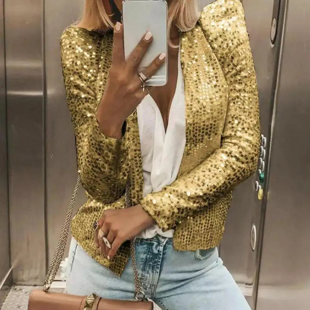 Chic Sequin Women Jackets Fashion Sparkly Glitter Office Lady Short Blazer Coat Slim Fit Open Front Cardigan Jacket Outwear