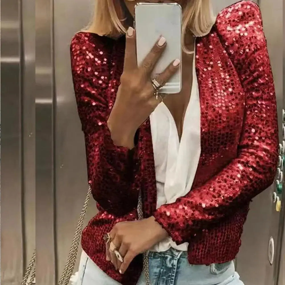 Chic Sequin Women Jackets Fashion Sparkly Glitter Office Lady Short Blazer Coat Slim Fit Open Front Cardigan Jacket Outwear