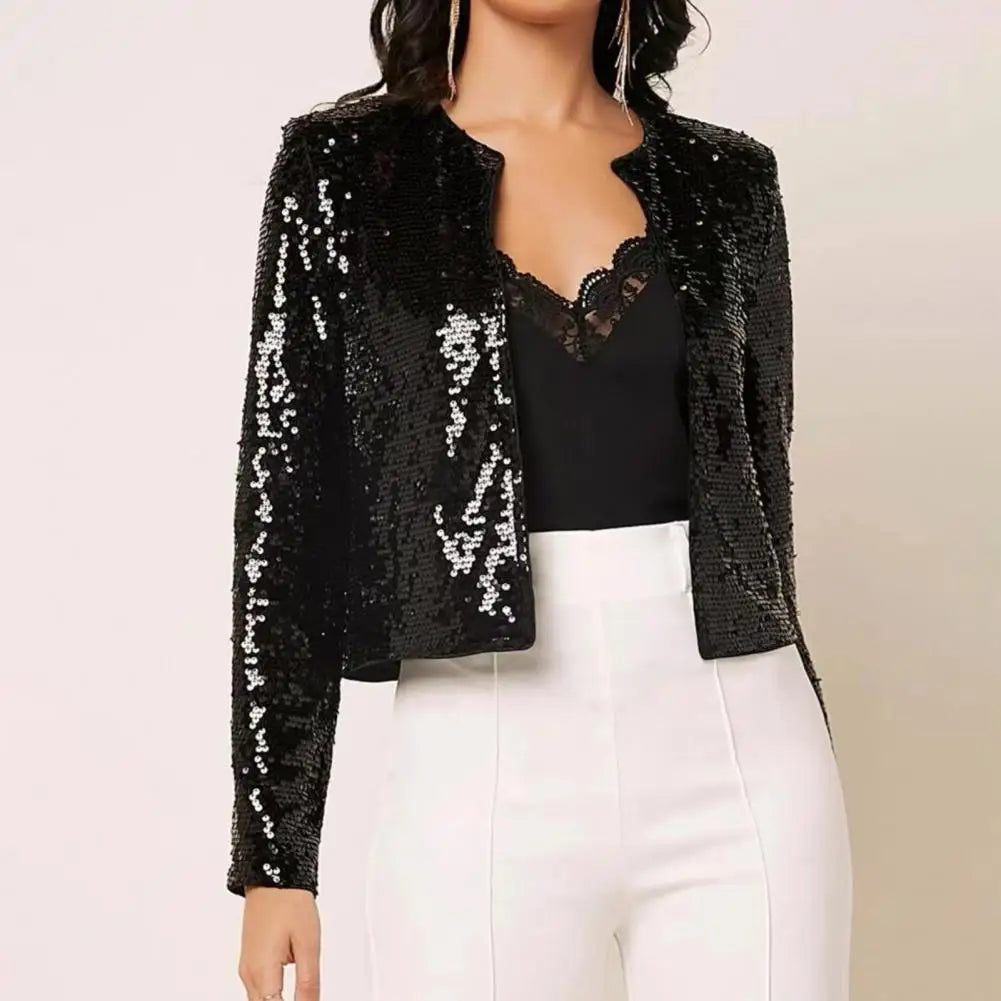 Chic Sequin Women Jackets Fashion Sparkly Glitter Office Lady Short Blazer Coat Slim Fit Open Front Cardigan Jacket Outwear