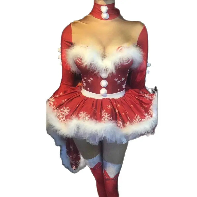 Christmas' Day Celebrate Costume Women Red Fur Tutu Dress Singer Dj Ds Party Festival Outfits Stage Performance Wear