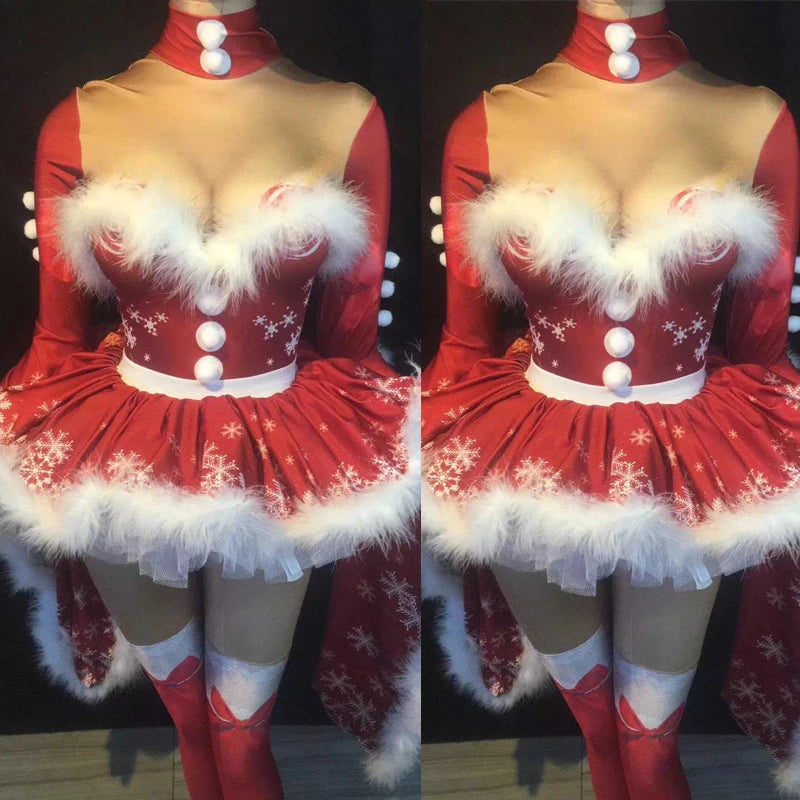 Christmas' Day Celebrate Costume Women Red Fur Tutu Dress Singer Dj Ds Party Festival Outfits Stage Performance Wear
