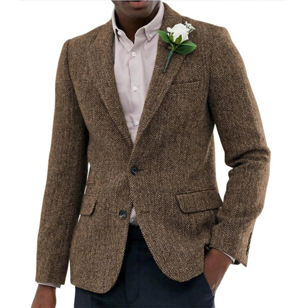 Classic Brown Herringbone Business Men Suits Jacket Groom Wedding Slim Fit Party Costume Homme Blazer