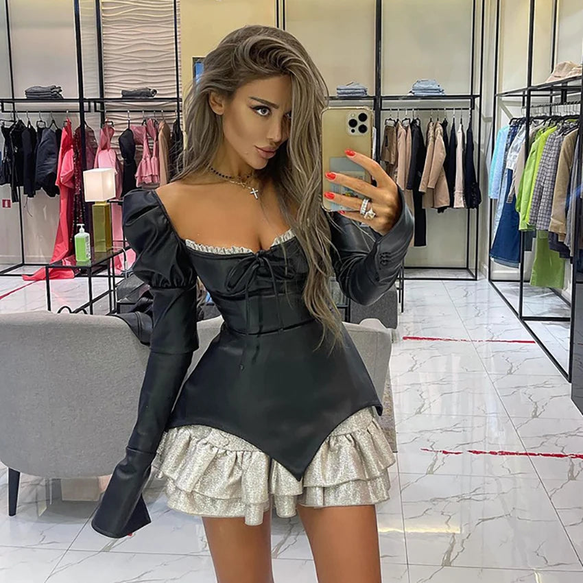 Party Patchwork Women Black Leather Dress High Waist Autumn Evening Dress Sexy Ladies Lace-up Chic Dress Frill