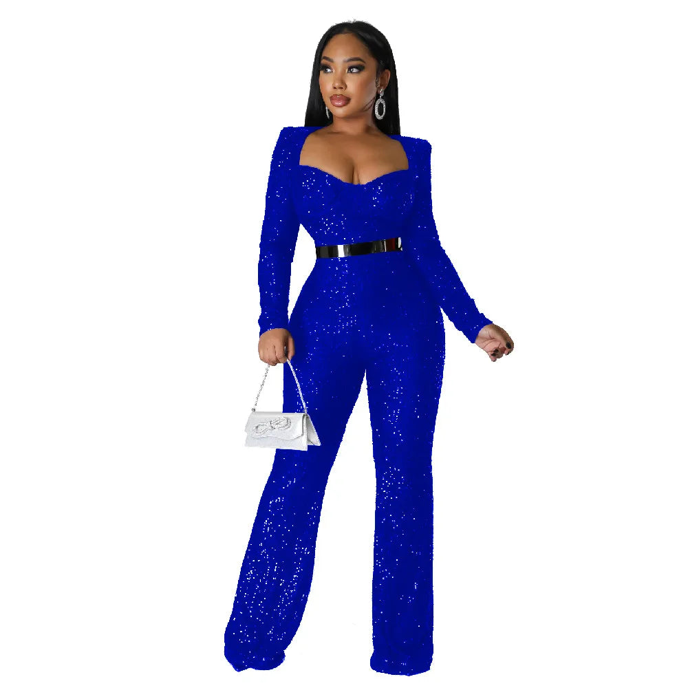 Clothing Women Sexy Sequined Square Neck Long Sleeve Bodycon Jumpsuit Slim Jumpsuit Female Party Club Outfits