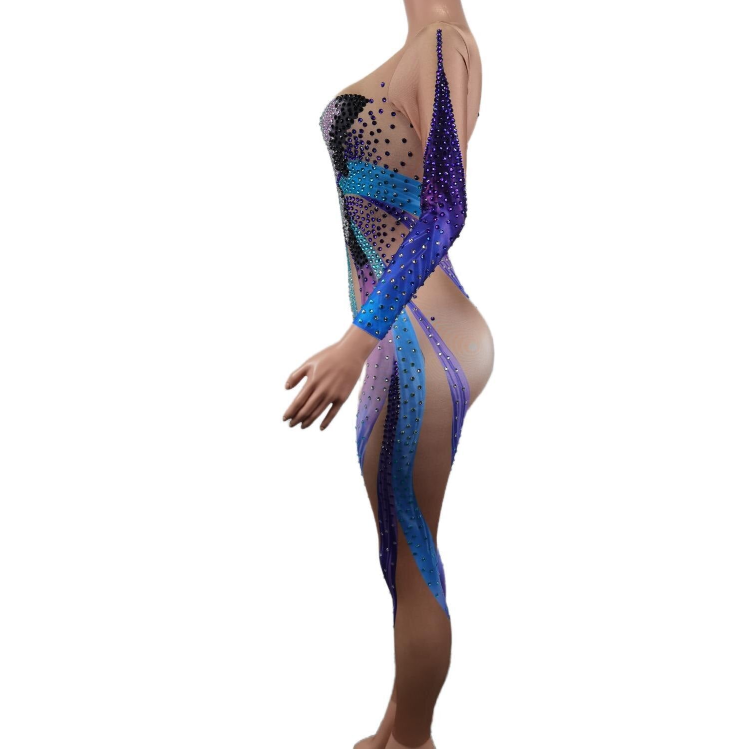 Colorful Rhinestone Butterfly Bodycon Jumpsuits Long Sleeves Women Dance Bodysuits Showgirl Stage Costumes Party Romper