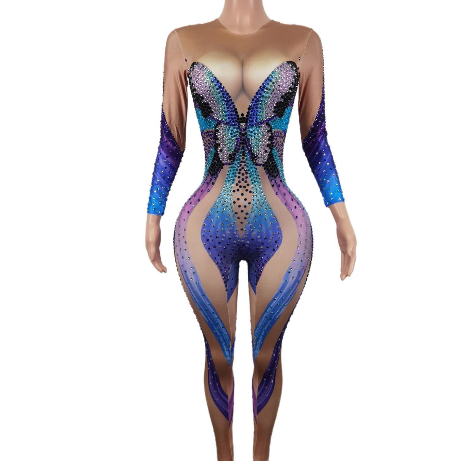 Colorful Rhinestone Butterfly Bodycon Jumpsuits Long Sleeves Women Dance Bodysuits Showgirl Stage Costumes Party Romper