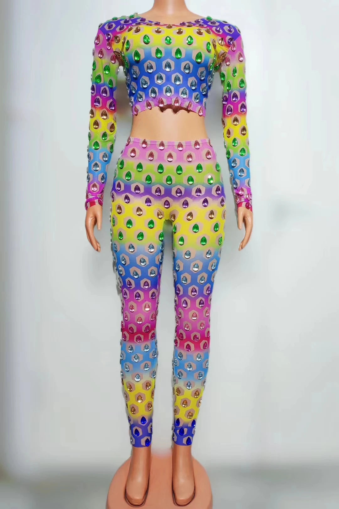 Colorful Rhinestone Transparent Outfit Set Sexy Pants Dance Performance Leggings Outfit Evening Birthday Celebrate Costume