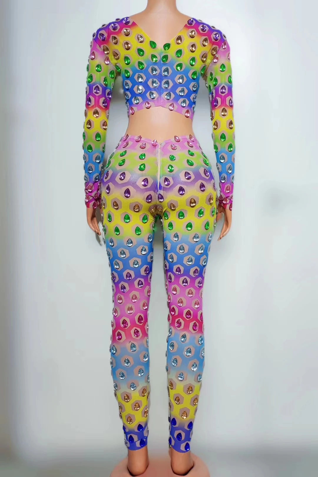 Colorful Rhinestone Transparent Outfit Set Sexy Pants Dance Performance Leggings Outfit Evening Birthday Celebrate Costume