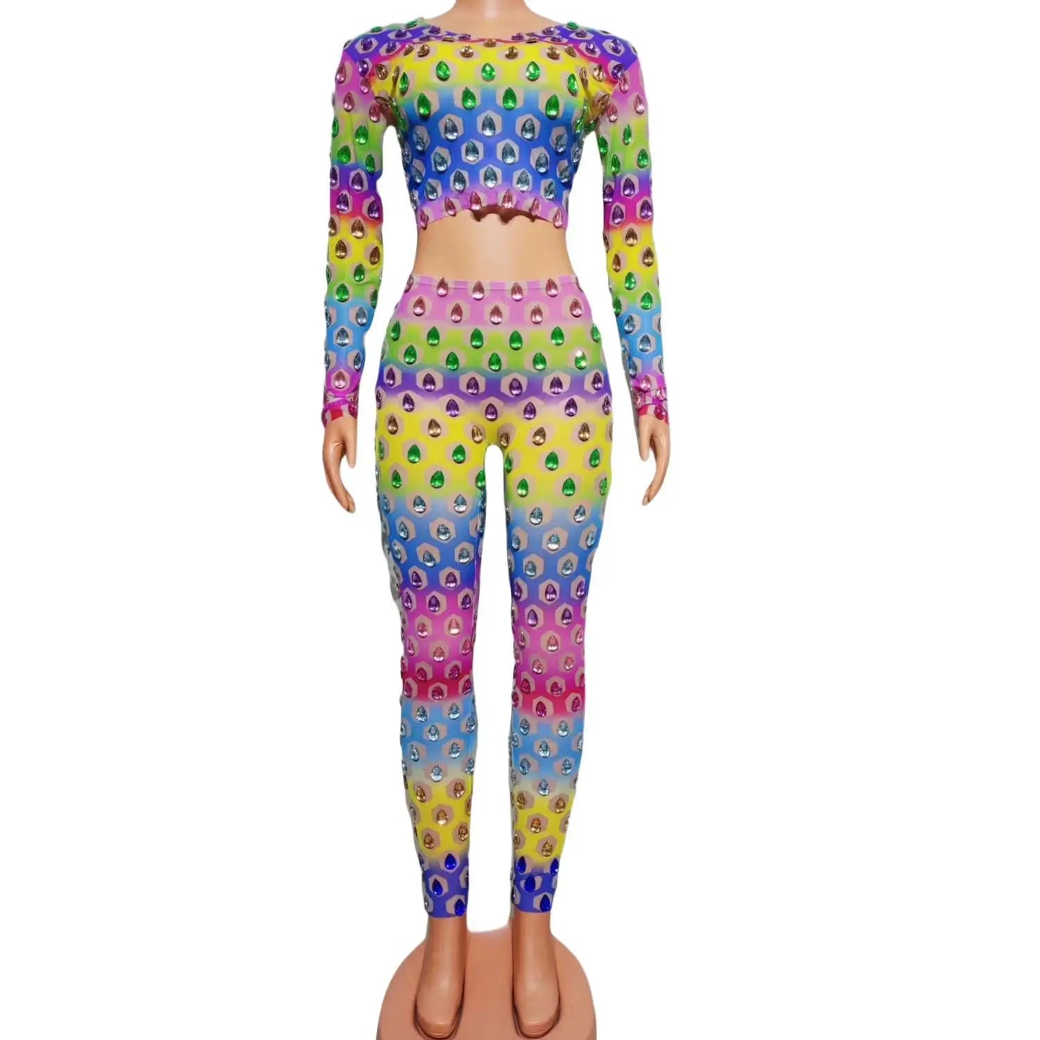 Colorful Rhinestone Transparent Outfit Set Sexy Pants Dance Performance Leggings Outfit Evening Birthday Celebrate Costume