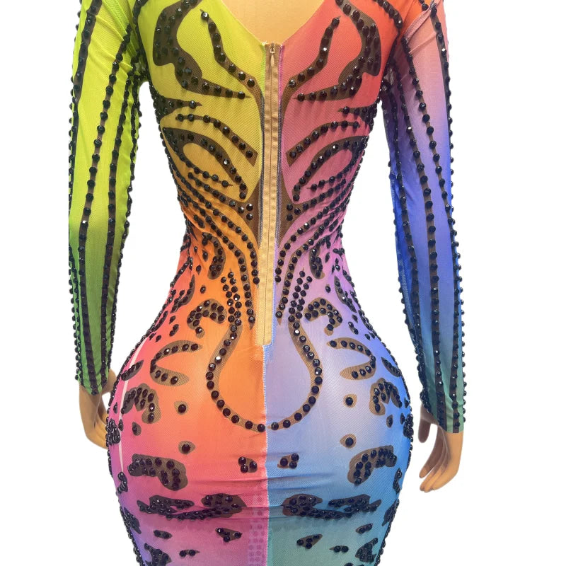 Colorful Rhinestones Sexy Stretch Transparent Long Sleeves Dress Evening Birthday Celebrate Outfit Dancer Costume
