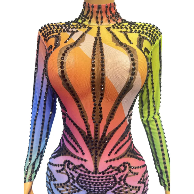 Colorful Rhinestones Sexy Stretch Transparent Long Sleeves Dress Evening Birthday Celebrate Outfit Dancer Costume