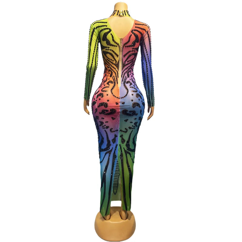 Colorful Rhinestones Sexy Stretch Transparent Long Sleeves Dress Evening Birthday Celebrate Outfit Dancer Costume