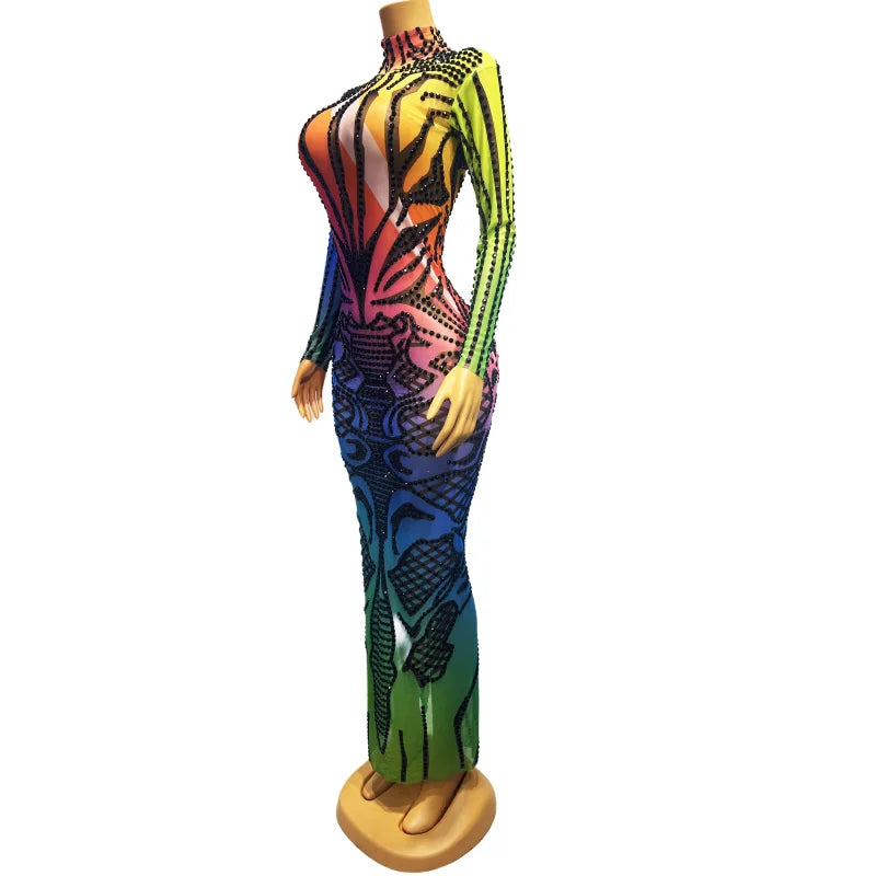 Colorful Rhinestones Sexy Stretch Transparent Long Sleeves Dress Evening Birthday Celebrate Outfit Dancer Costume