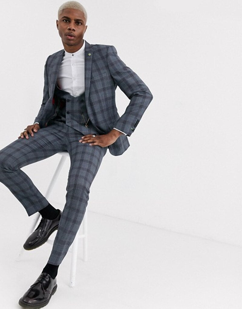 Costume Homme 3 Pieces Plaid British Style Single Breasted Slim Fit Formal Business Wedding GroomCausal Prom Tailored