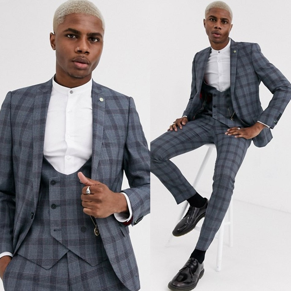 Costume Homme 3 Pieces Plaid British Style Single Breasted Slim Fit Formal Business Wedding GroomCausal Prom Tailored