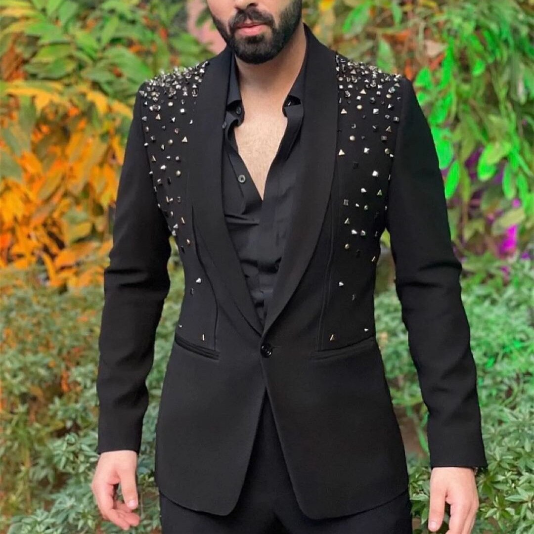 Costume Men Suits Tailor-Made 2 Pieces Blazer Pants One Button Diamonds Beaded Sheer Lapel Business Wedding Plus Size